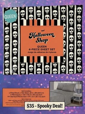 Queen 4-Piece Sheet Set – Black & White Skull